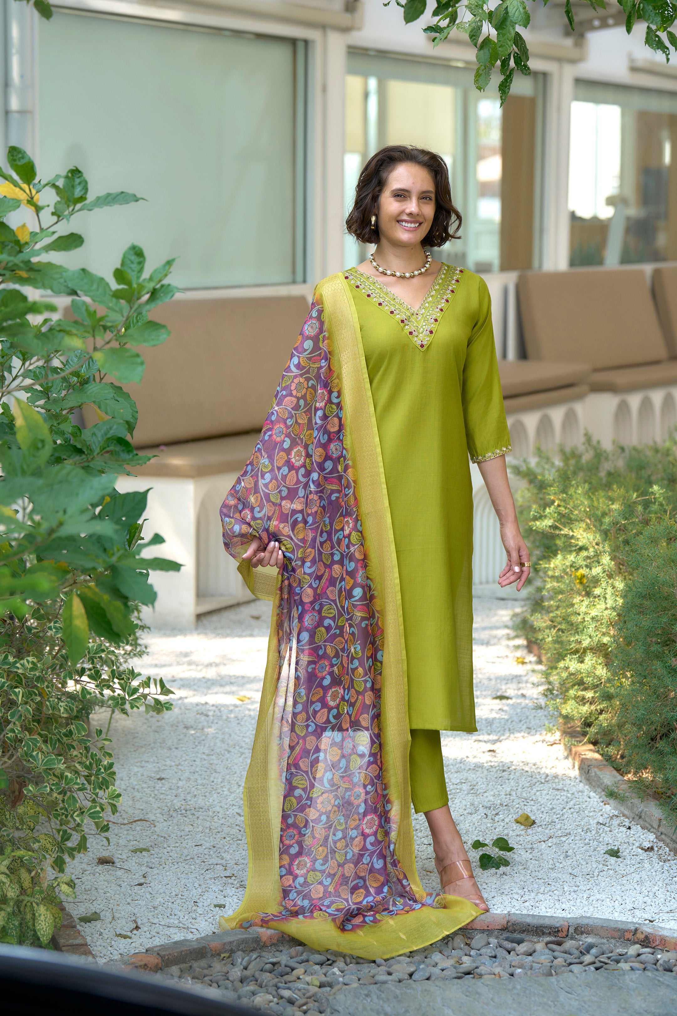Green Vatican Kurti Set with Chanderi Butti Dupatta